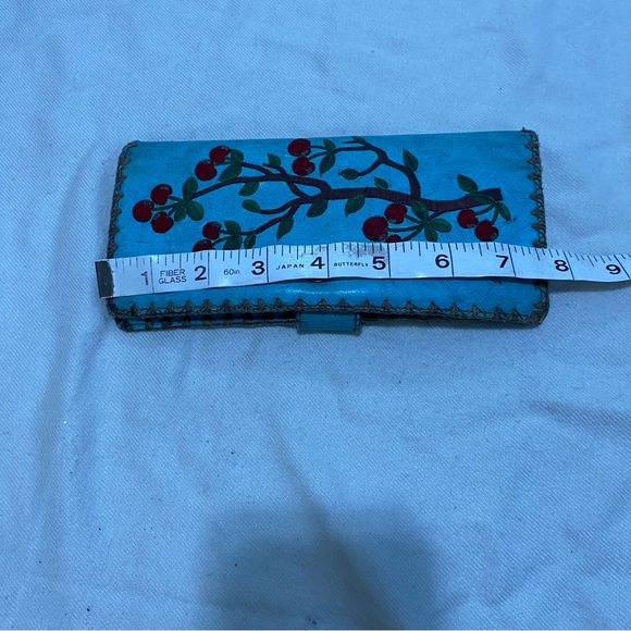 Wallet Pocketbook Embroidered Cherry Tree Turquoise Blue Imperfect Used - Picture 8 of 8